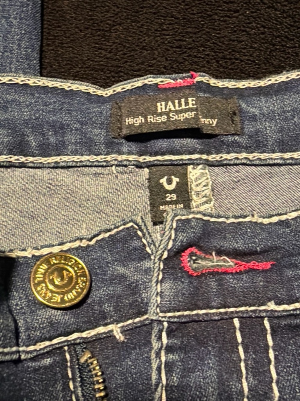 True Religion Halle High Rise Super Skinny Jeans - Dark Blue with Red Accent